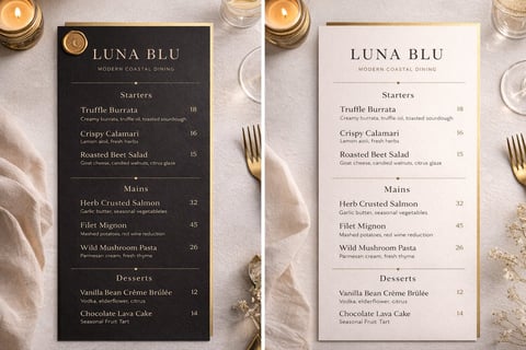 Two Luna Blu restaurant menus displayed side by side showing starters, mains, and desserts with pricing