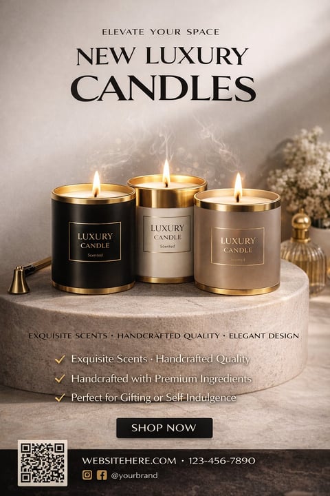 Three luxury scented candles with gold trim displayed on a stone platform, featuring black, white, and champagne colored jars with lit flames