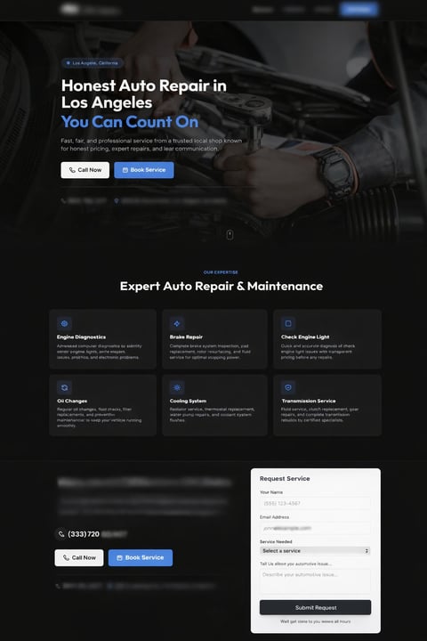 Honest Auto Repair website showing Los Angeles auto repair services with mechanic working on engine and service request form