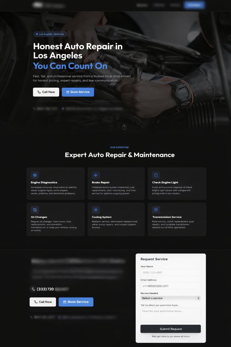 Honest Auto Repair website showing Los Angeles auto repair services with mechanic working on engine and service request form