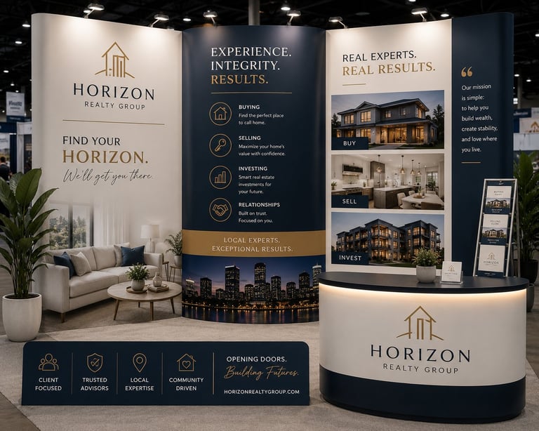 Horizon Realty Group trade show booth displaying home interiors, listings, and local expertise with branded signage and reception desk