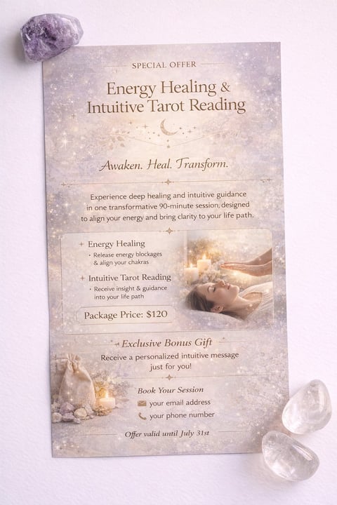 Marketing flyer for Energy Healing and Intuitive Tarot Reading special offer priced at $120, surrounded by amethyst crystals on a light background