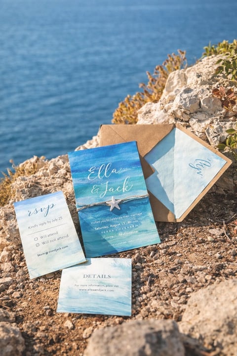 Wedding invitation stationery set with blue watercolor design arranged on rocky coastal cliffside overlooking the ocean