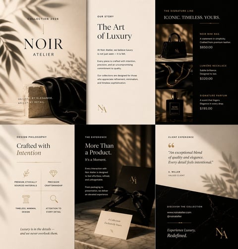 Luxury brand marketing brochure layout for NOIR Atelier showcasing premium perfume collection with elegant typography and product photography
