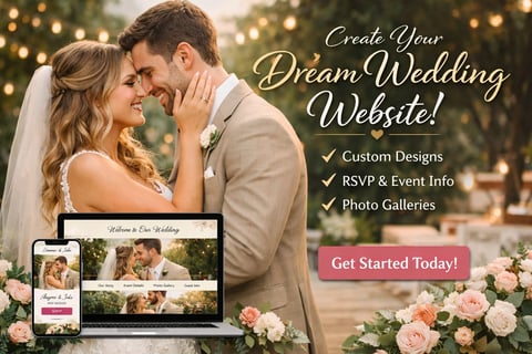 Bride and groom embracing with wedding website mockup and flowers, promoting custom wedding website design services