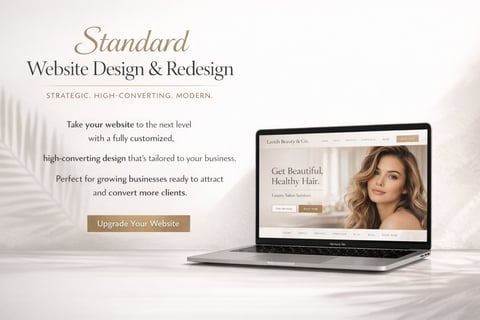 Laptop displaying website design services with text about custom, high-converting web design and an Upgrade Your Website button