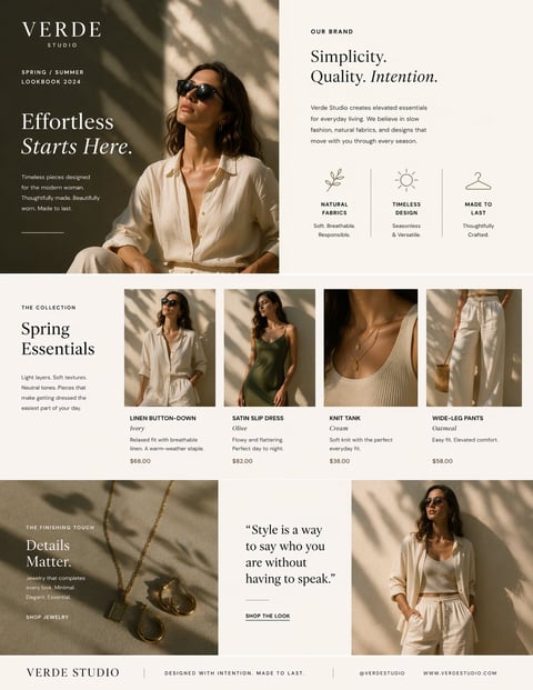 Fashion brand lookbook featuring minimalist spring collection with woman wearing neutral linen clothing and accessories