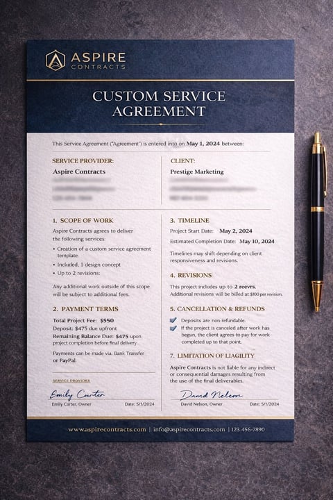 Aspire Contracts custom service agreement document dated May 1, 2024 with service provider and client details, project scope and terms
