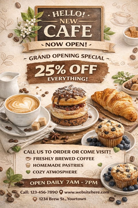 Grand opening flyer for new cafe with 25% off promotion, featuring coffee, pastries, and baked goods on beige background