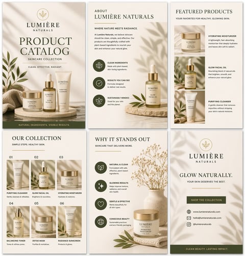 Lumiere Naturals skincare product catalog showcasing natural beauty products with ingredients and featured collections