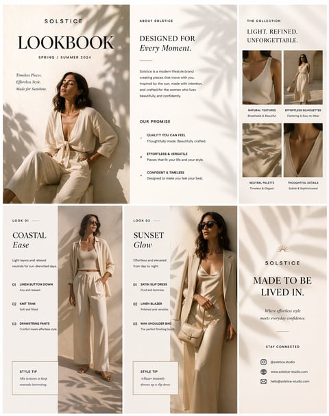 Solstice spring/summer 2024 lookbook featuring minimalist beige clothing designs and lifestyle styling photography