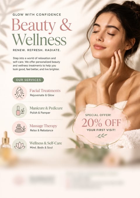Beauty and wellness spa promotional flyer featuring a relaxed woman with skincare products and services list with 20% off first visit offer