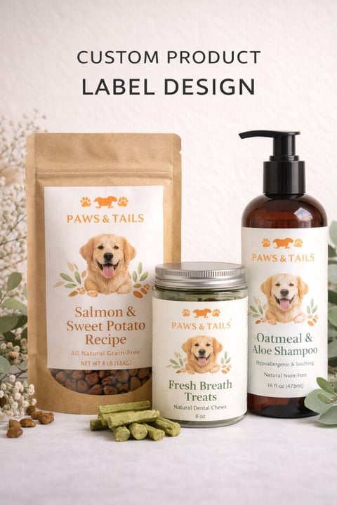 Three Paws & Tails pet products displayed: kraft pouch with Salmon & Sweet Potato Recipe treats, jar of Fresh Breath Treats, and bottle of Oatmeal & Aloe Shampoo on white surface with decorative plants