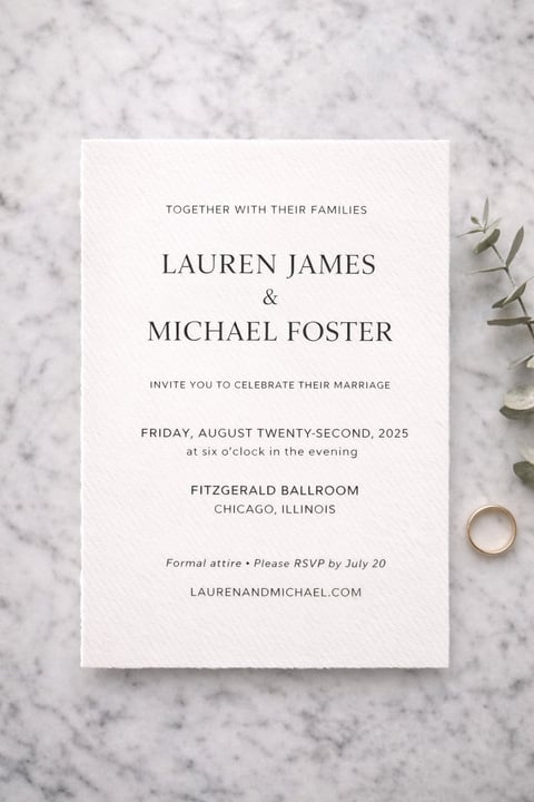 Wedding invitation for Lauren James and Michael Foster on August 22, 2025 at Fitzgerald Ballroom in Chicago, displayed on marble surface with wedding ring and eucalyptus