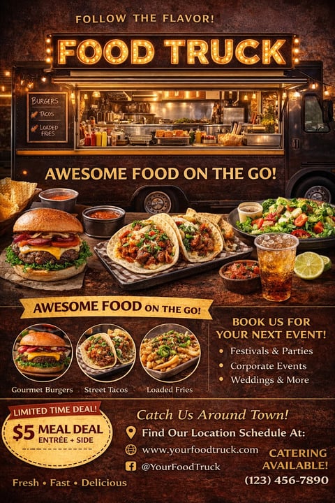 Food truck advertisement displaying burgers, tacos, and loaded fries with menu options and booking details for events