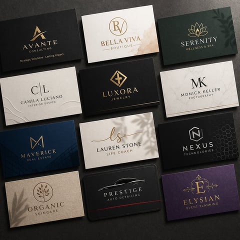 Collection of luxury business cards with gold logos and elegant designs displayed in a grid layout on dark background
