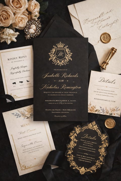 Elegant wedding invitation suite with black and cream cards, gold foil monogram, roses, pearl brooch, and wax seals arranged on black fabric