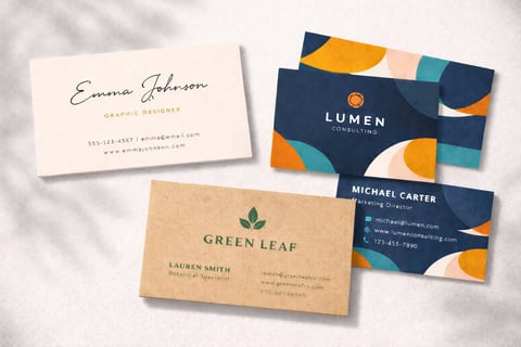Four business cards displayed on white marble background featuring different designs: Emma Johnson minimalist white card, Lumen colorful geometric card, Michael Carter dark navy card, and Green Leaf kraft paper card with leaf logo