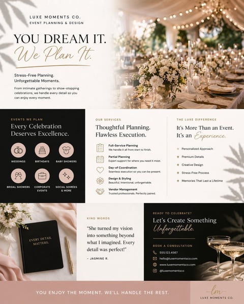 Luxe Moments Co. event planning website featuring an elegant tablescape with white flowers and a testimonial from a client