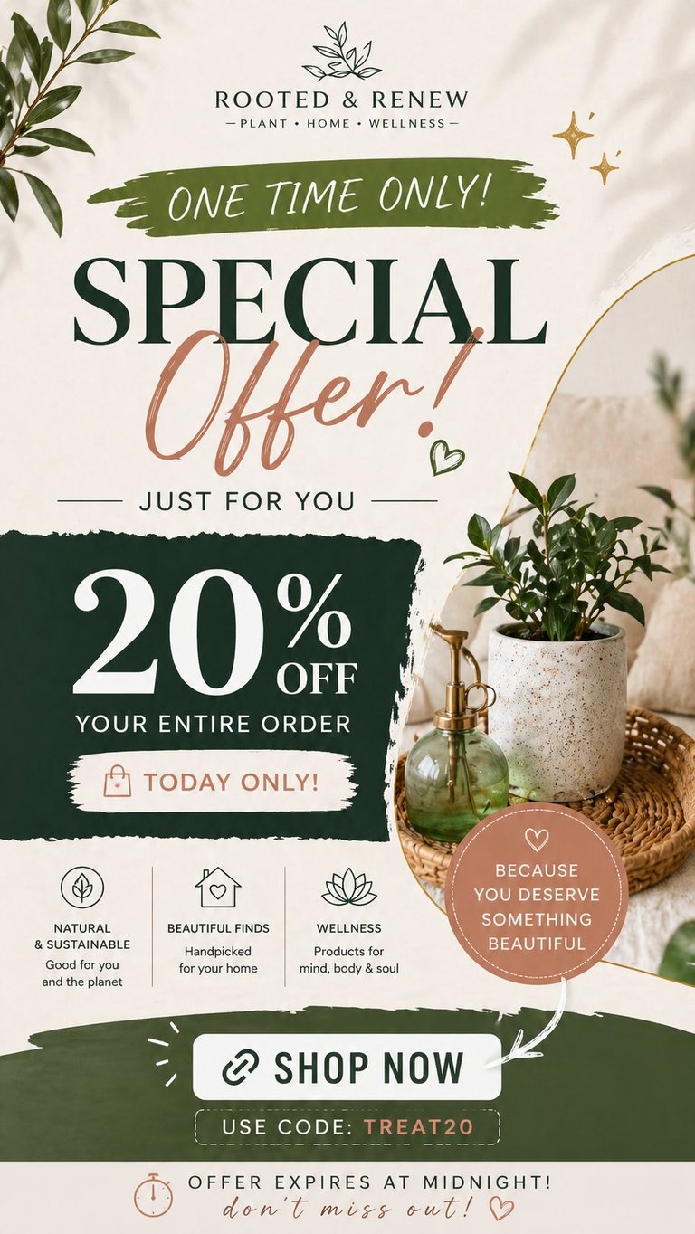Promotional flyer for Rooted and Renew offering 20% off entire order today only with code TREAT20 for plant and wellness products