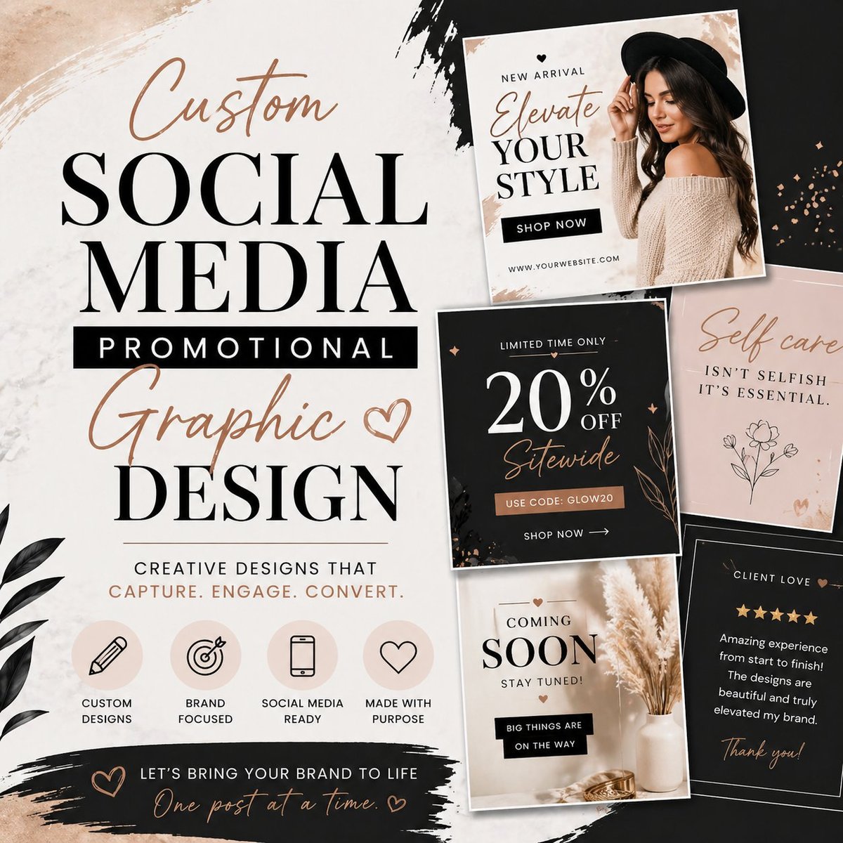 Custom social media promotional graphic design samples showcasing brand templates, discount offers, and product announcements with modern minimalist styling