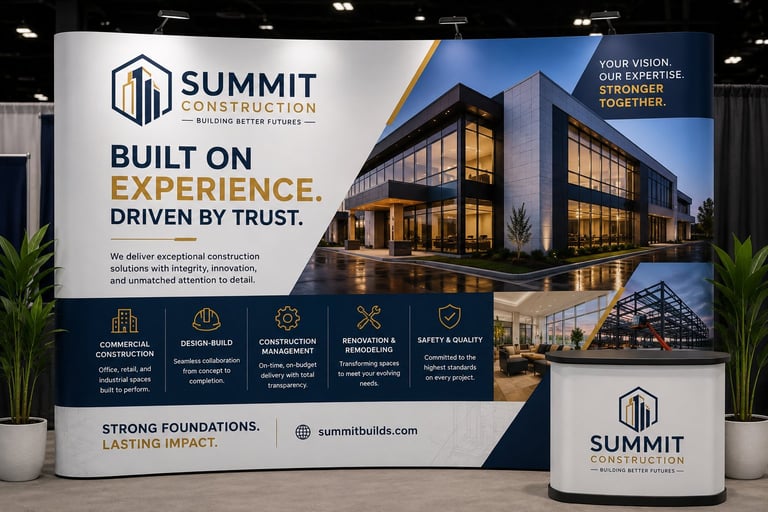 Summit Construction company trade show booth featuring modern architecture imagery and branding with tagline Built on Experience, Driven by Trust