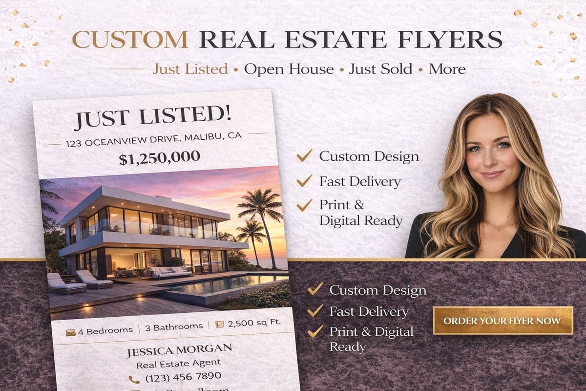 Custom real estate flyer template for just listed property at $1,250,000 featuring luxury Malibu home with pool, agent photo, and call-to-action button