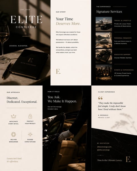 Elite Concierge luxury service website mockup displaying elegant branding, signature services, and client testimonials with sophisticated dark and cream design