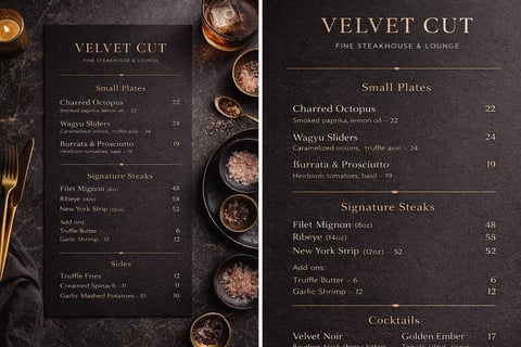 Two pages of Velvet Cut fine steakhouse menu displaying small plates, signature steaks, sides and cocktails with prices on dark background