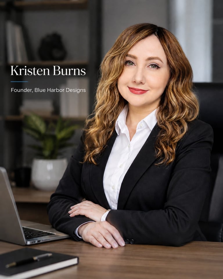 Kristen Burns, founder of Blue Harbor Designs, poses at her desk in professional black blazer and white shirt