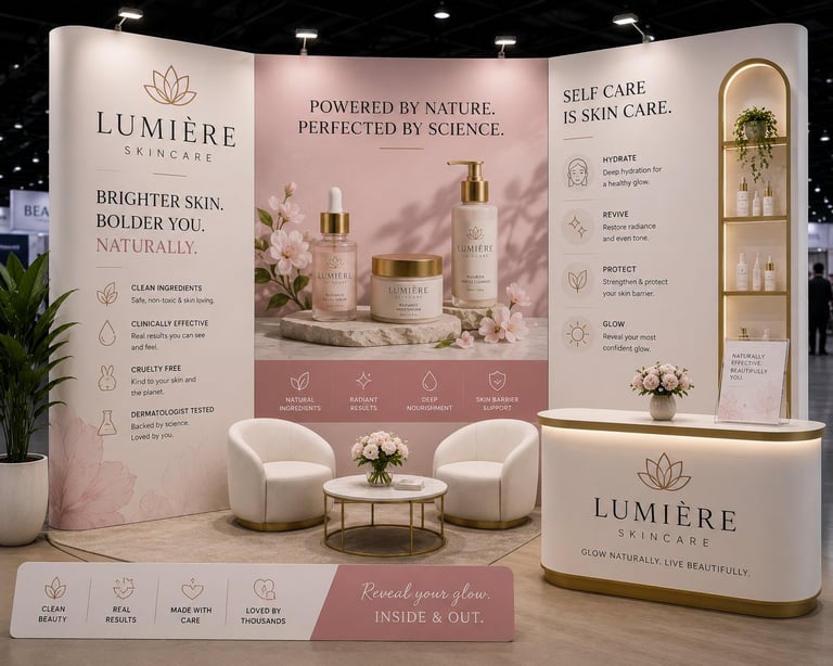 Lumiere Skincare retail display booth with pink and gold aesthetic, featuring product shelves, curved seating, and brand messaging