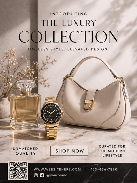 Luxury Collection advertisement featuring a cream leather handbag, gold watch, and perfume bottle on marble surface with flowers