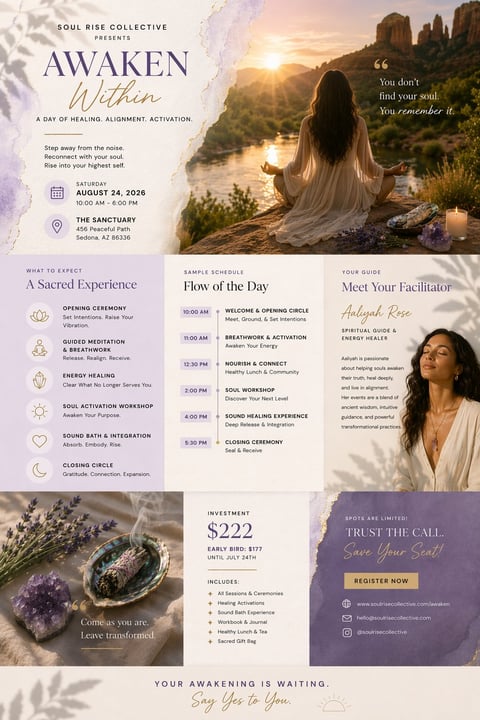 Soul Rise Collective Awaken Within event flyer featuring woman meditating by river at sunset on Saturday, July 24, 2026