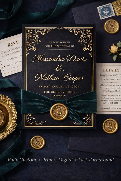 Elegant black and gold wedding invitation for Alexandra Davis and Nathan Cooper, displayed with coordinating stationery, wax seals, and teal ribbon on a dark background
