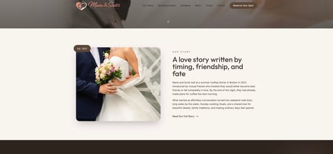 Couple in wedding attire holding white bouquet with caption about a love story written by timing, friendship, and love