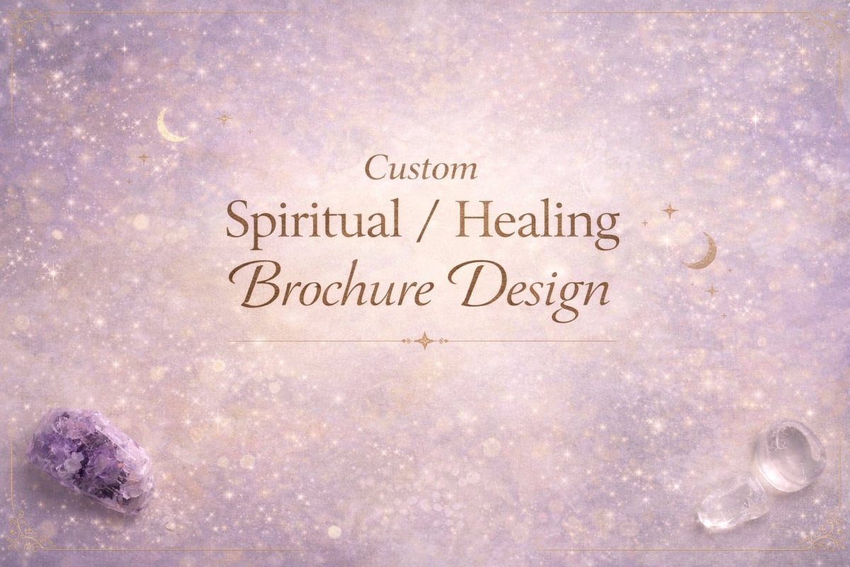 Soft purple and gold background with text reading Custom Spiritual Healing Brochure Design, decorated with amethyst crystal and clear quartz