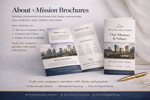 Professionally designed mission and values brochures displayed with gold pen on white linen fabric background
