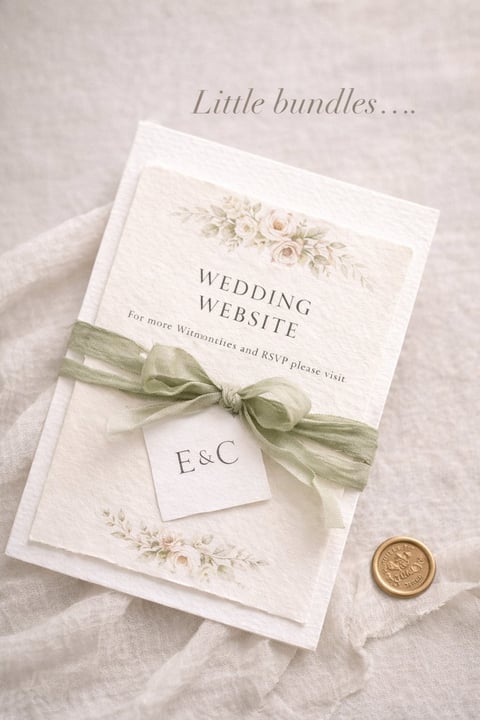 Elegant wedding invitation with sage green ribbon, floral details, and initials E&C on cream textile background