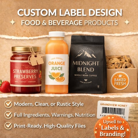 Custom label design showcase for food and beverage products including jam, juice, coffee, and baked goods with modern styling and branding