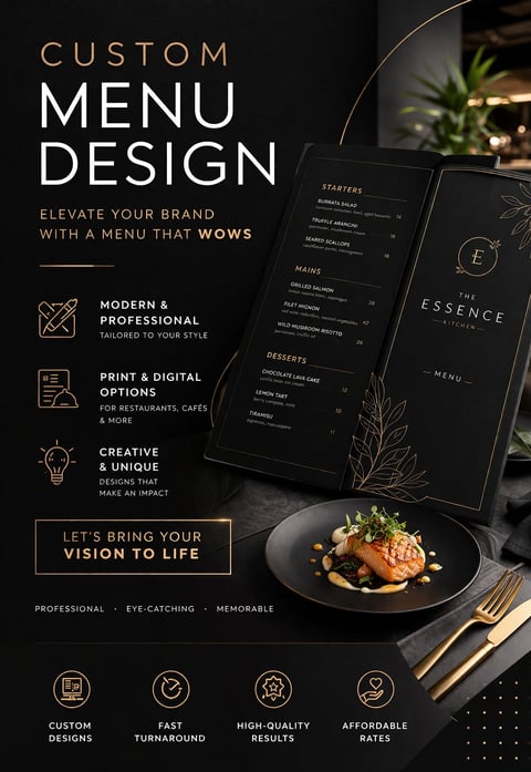 Professional custom menu design service showcasing elegant black menu with plated salmon dish and gold accents