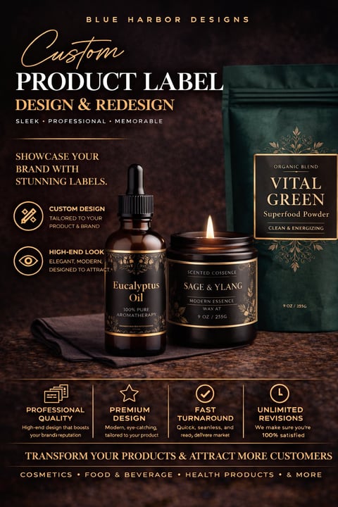 Blue Harbor Designs custom product label marketing showing essential oil bottle, candle, and supplement pouch with elegant gold accents on dark background