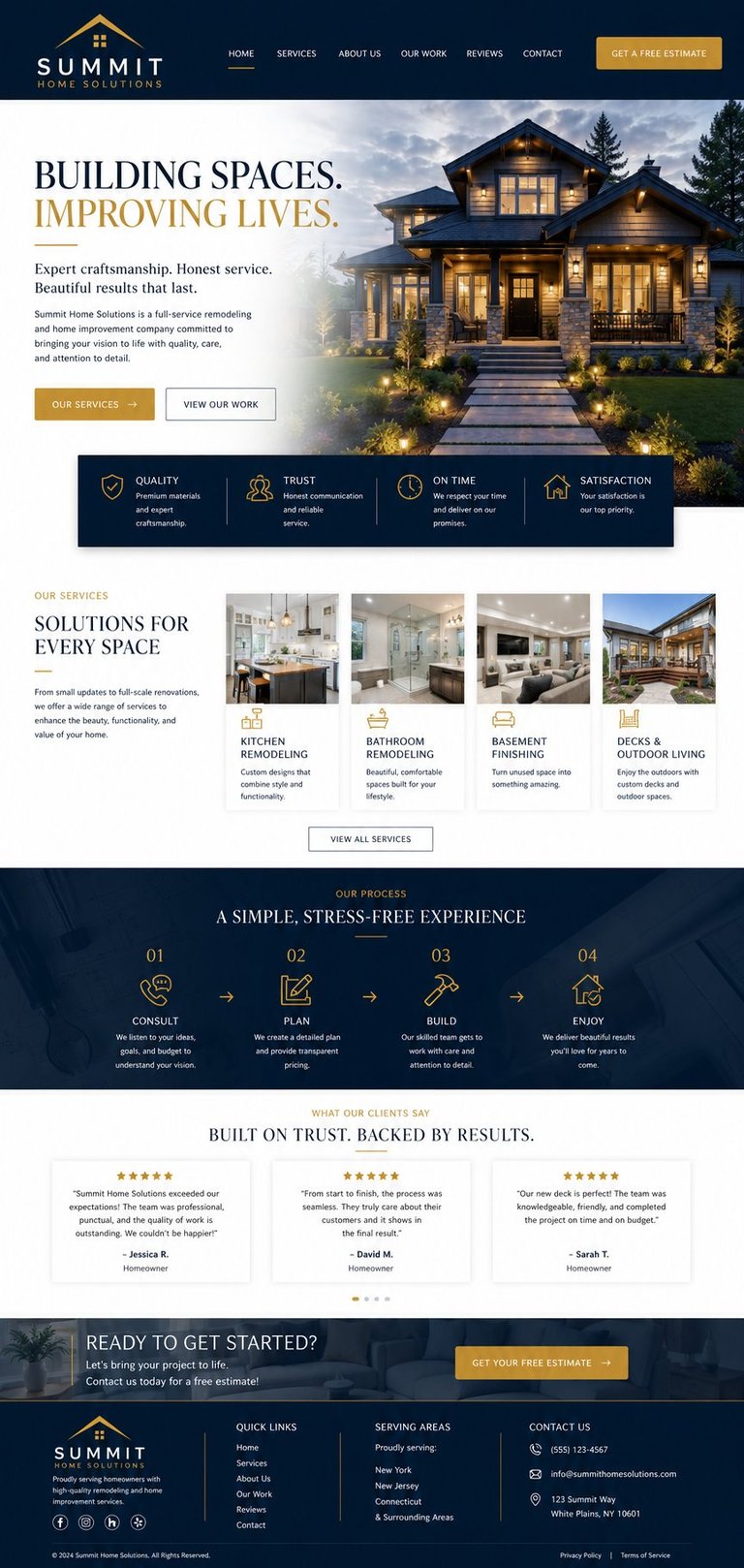 Summit Home Solutions website homepage showcasing a luxury home with tagline Building Spaces. Improving Lives. and navigation menu.