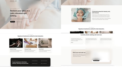 Website layout showcasing a beauty and wellness spa service with relaxation imagery, product features, and appointment booking options