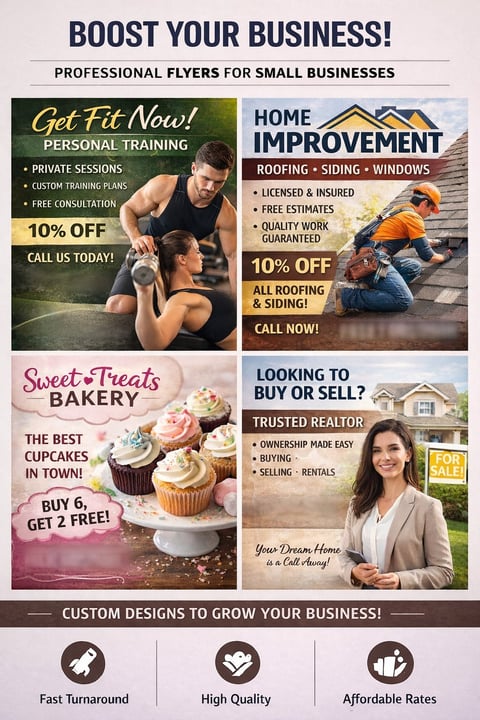 Promotional flyer showcasing four small business advertisements: personal training, home improvement, bakery, and real estate services with discount offers