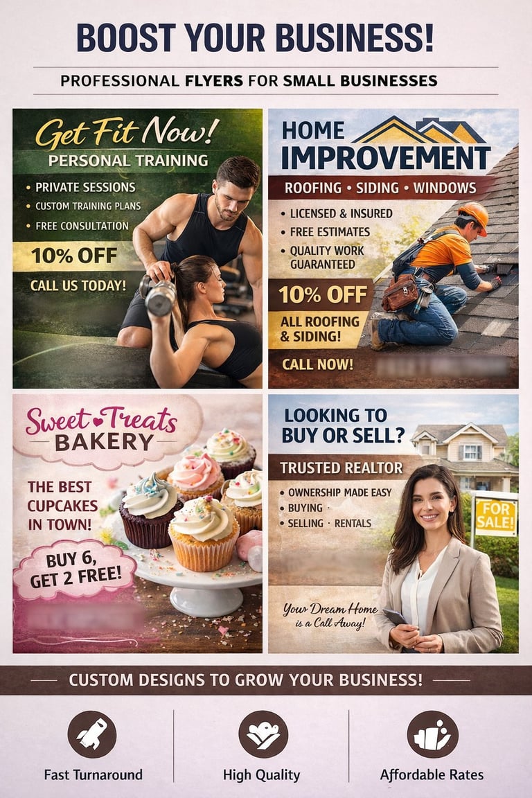 Promotional flyer showcasing four small business advertisements: personal training, home improvement, bakery, and real estate services with discount offers