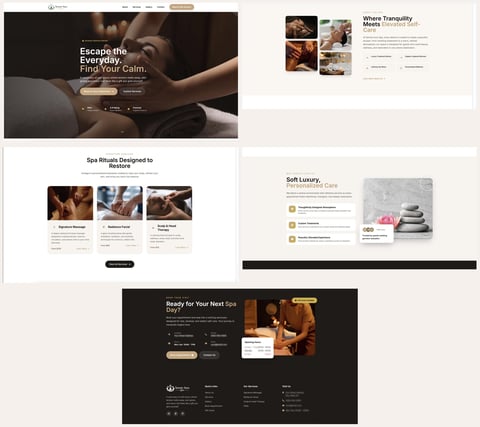Collection of spa website homepage layouts showcasing luxury wellness services with calming imagery and promotional sections