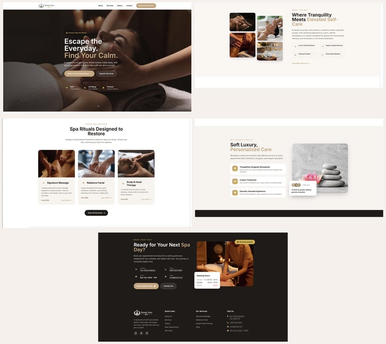 Collection of spa website homepage layouts showcasing luxury wellness services with calming imagery and promotional sections