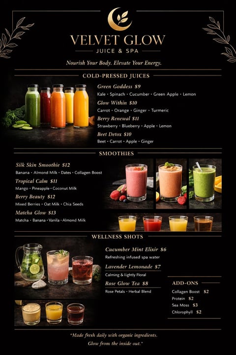 Velvet Glow Juice & Spa menu featuring cold-pressed juices, smoothies, wellness shots, and add-ons with product images