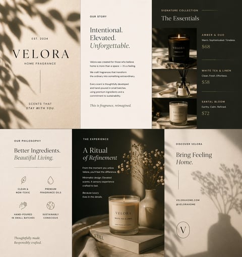 Velora Home Fragrance brand marketing collage featuring candles, product packaging, and lifestyle imagery with minimalist design and earth tones