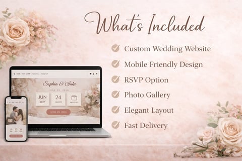 Infographic showing wedding website features including custom design, mobile-friendly layout, RSVP option, photo gallery, elegant layout, and fast delivery